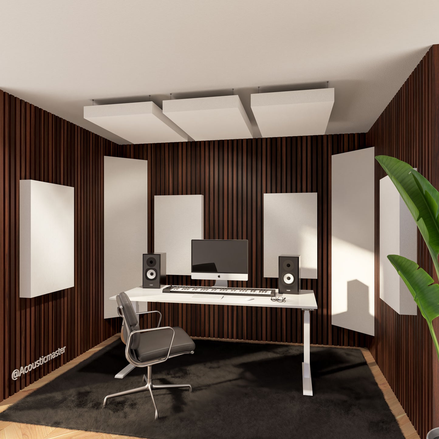 Akoestische set met 4 bass traps (100×40×40 cm), 4 baswandpanelen (100×60×11 cm) en 3 plafondpanelen (100×60×9 cm), gevuld met steenwol van 45 en 28 kg/m³, inclusief bevestigingsmateriaal