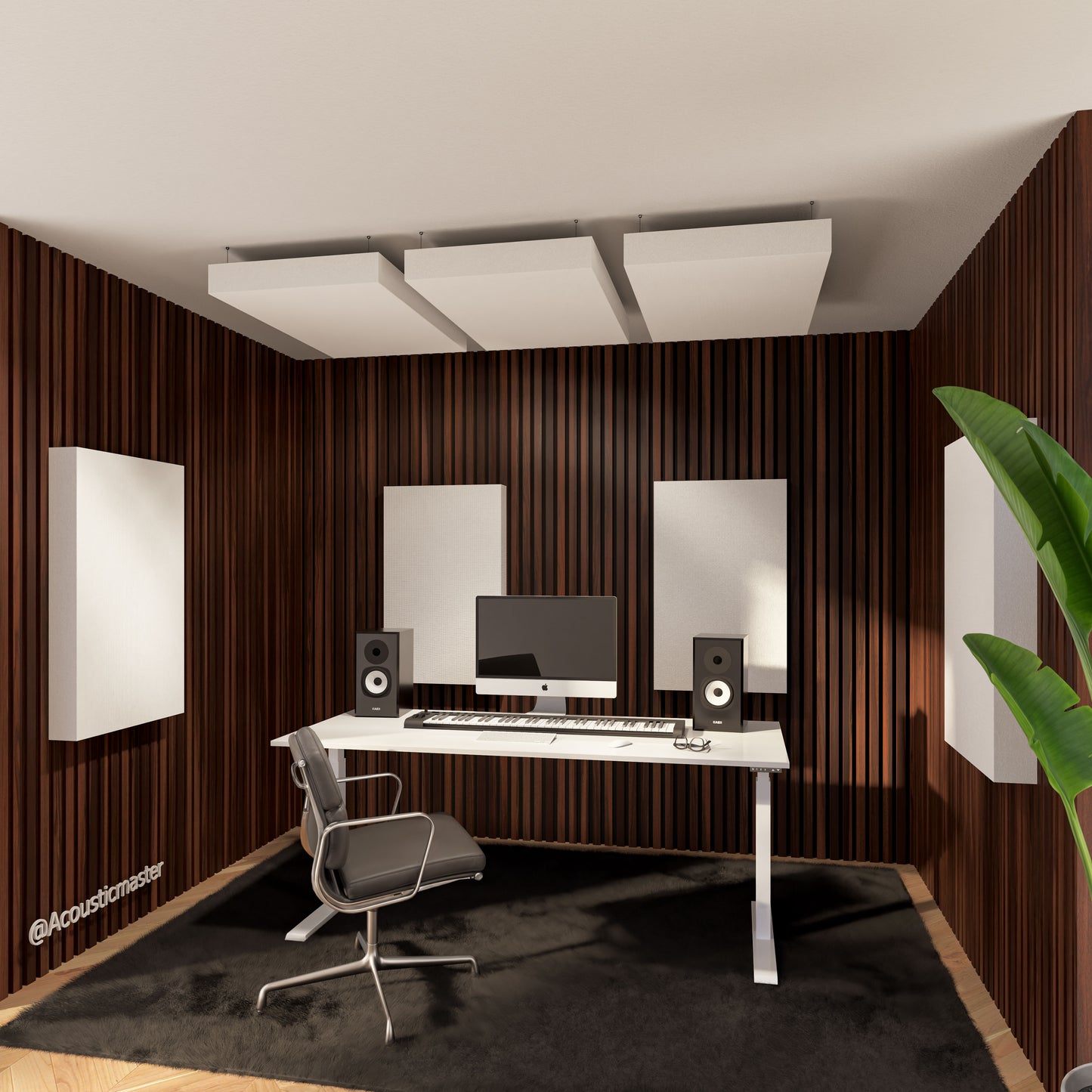 Set van 4 baswandpanelen (100×60×11 cm) en 3 plafondpanelen (100×60×9 cm) met bevestigingsmateriaal, gevuld met steenwol van 45 en 28 kg/m³