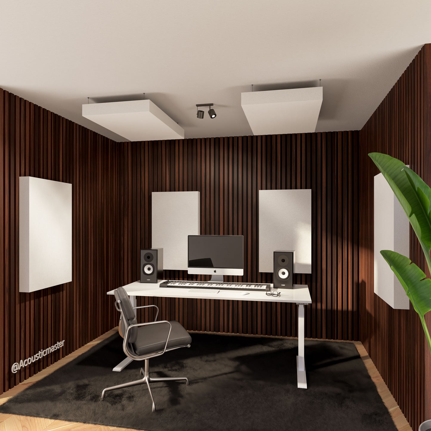 Set van 4 akoestische wandpanelen en 2 plafondpanelen van 100×60×9 cm, gevuld met 28 kg/m³ steenwol, inclusief bevestigingsmateriaal