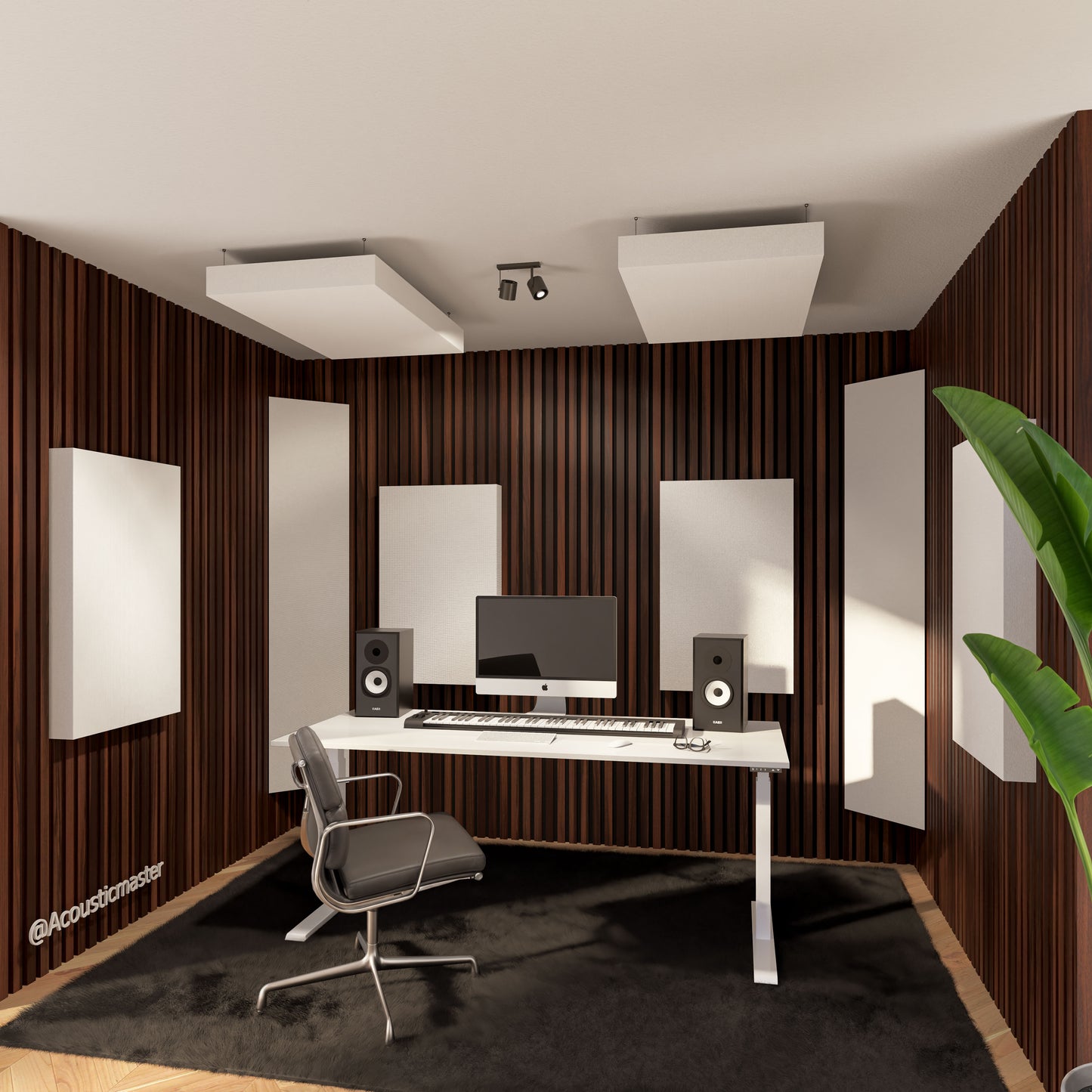 Akoestische set met 4 bass traps (100×30×30 cm), 4 wandpanelen (100×60×9 cm) en 2 plafondpanelen (100×60×9 cm), gevuld met steenwol van 45 en 28 kg/m³, inclusief bevestigingsmateriaal